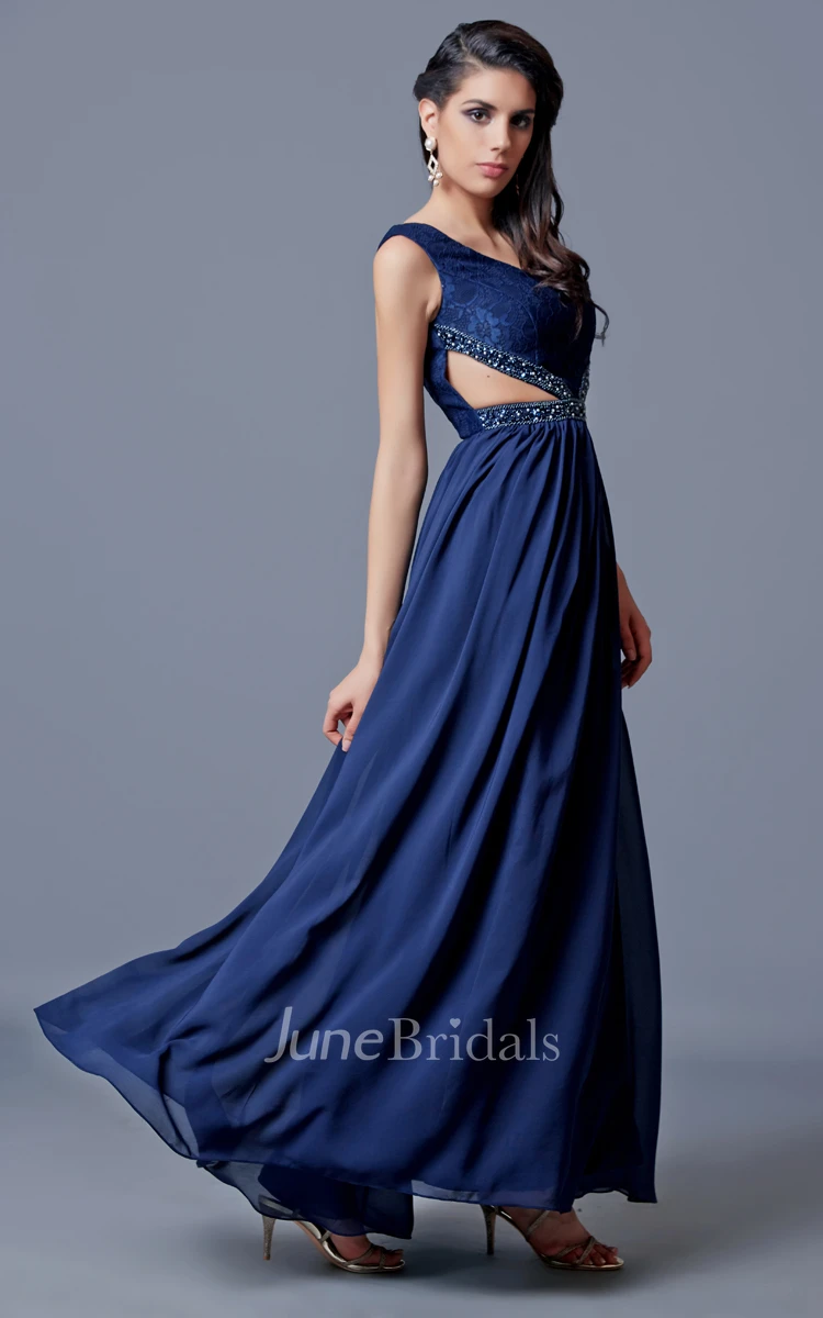 Sexy V-neck Appliqued A-line Long Chiffon Dress With Pleats