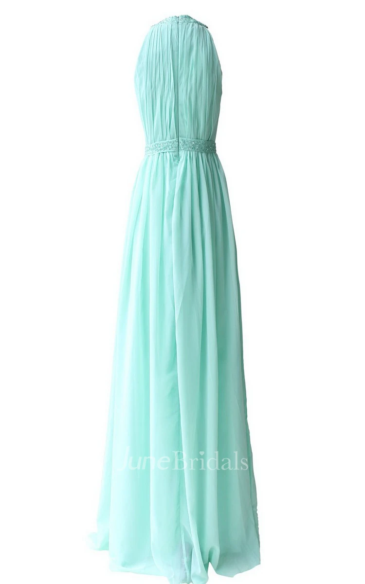 Jewel Notched Pleated Chiffon A-line Gown With Beading