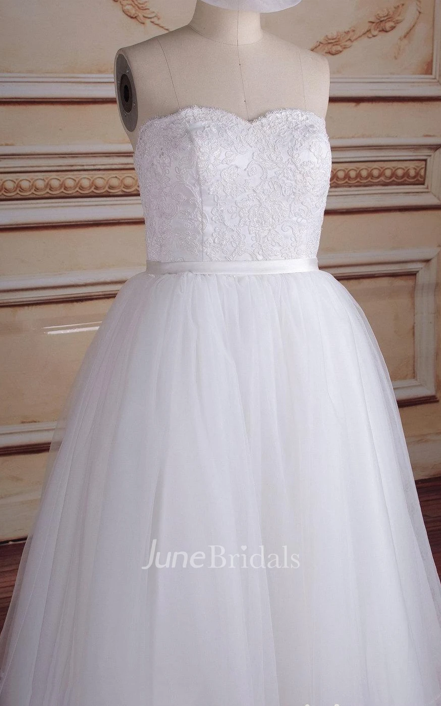 Short Tea-Length Strapped Tulle Lace Satin Weddig Dress