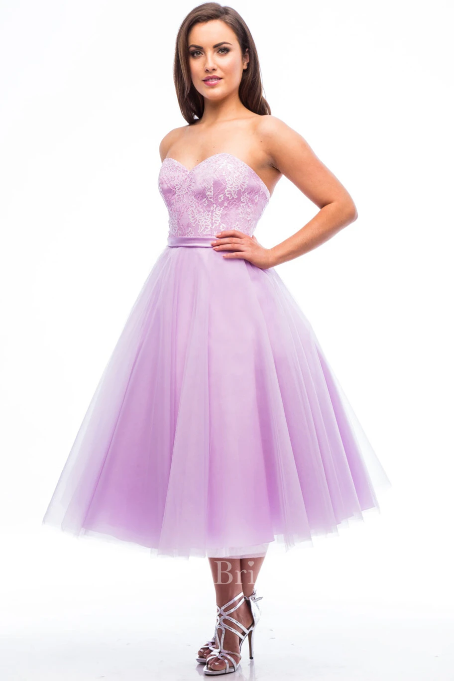 Tea-Length A-Line Sweetheart Sleeveless Appliqued Tulle Bridesmaid Dress