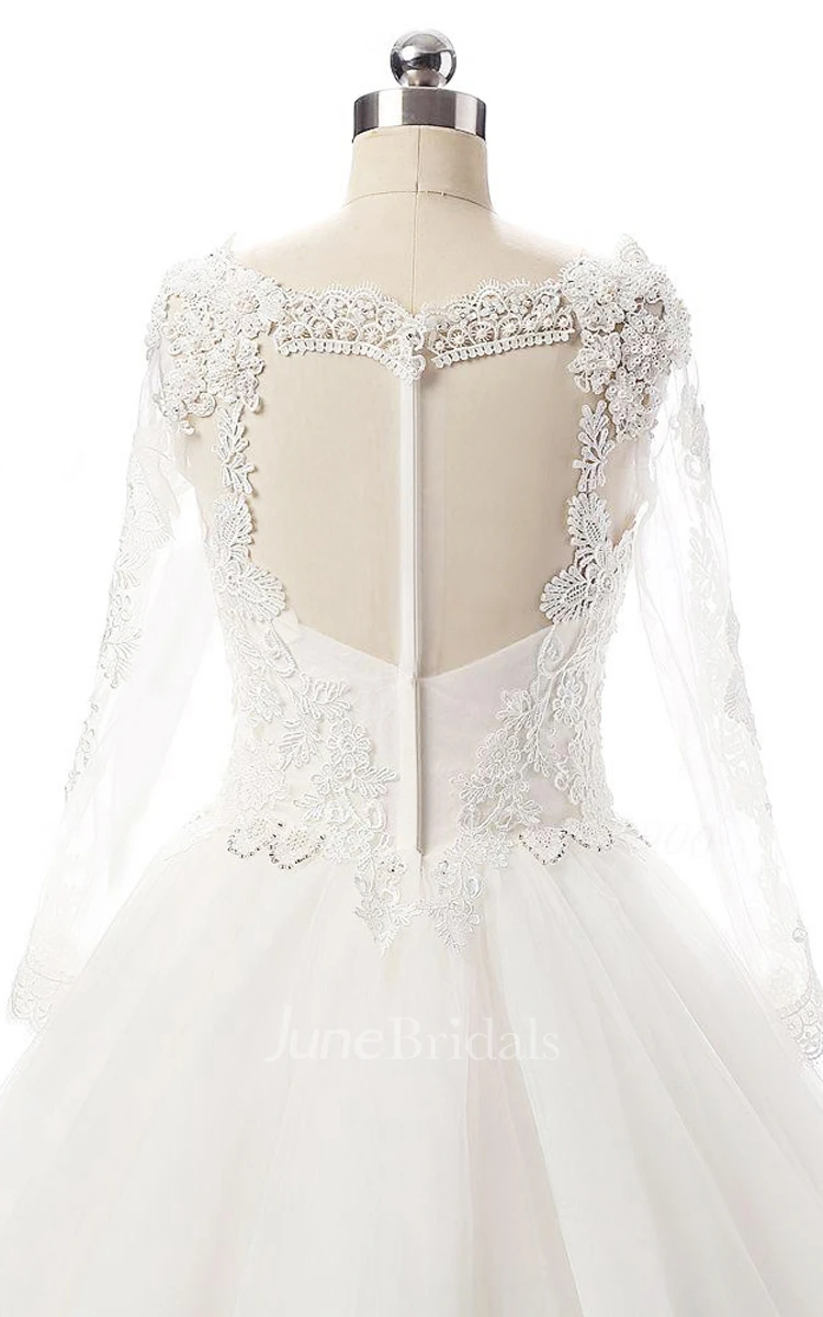 Ball Gown Long Sleeve Tulle Lace Dress With Beading Illusion