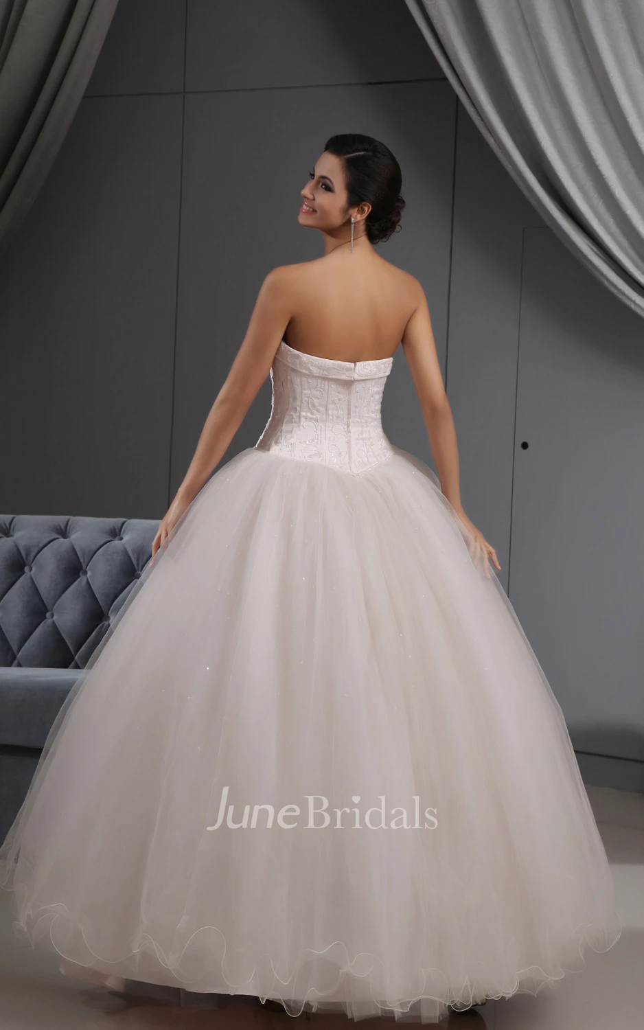 Pink Blushing A-Line Ball Gown With Embroideried Bodice And Soft Tulle