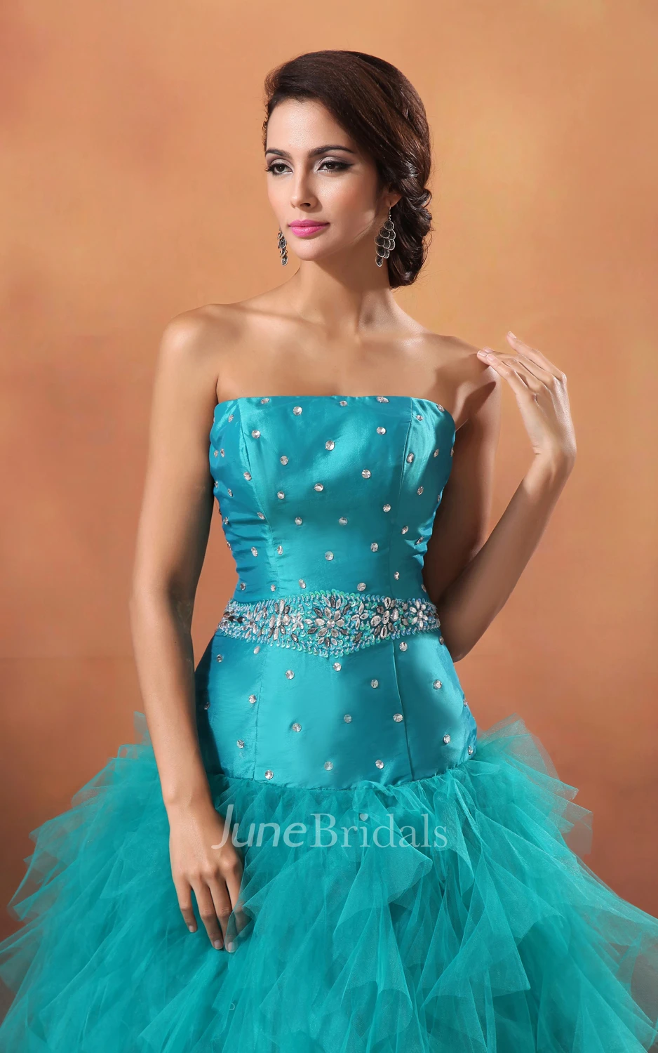 Strapless A-Line Princess Ball Gown With Crystal Detailing And Ruffles