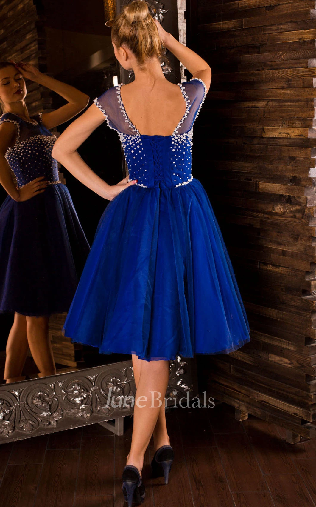 A-Line Knee-Length Jewel Short Sleeve Tulle Beading Pleats Lace-Up Dress