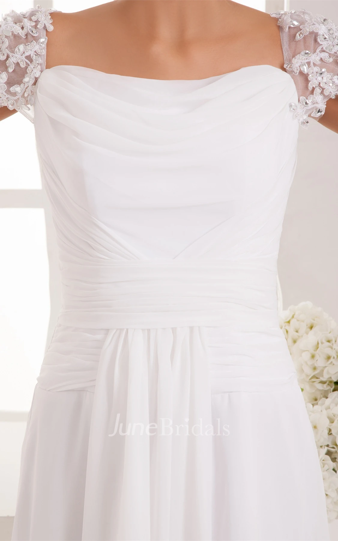 Caped-Sleeve Chiffon Maxi Dress with Ruching and Pleats