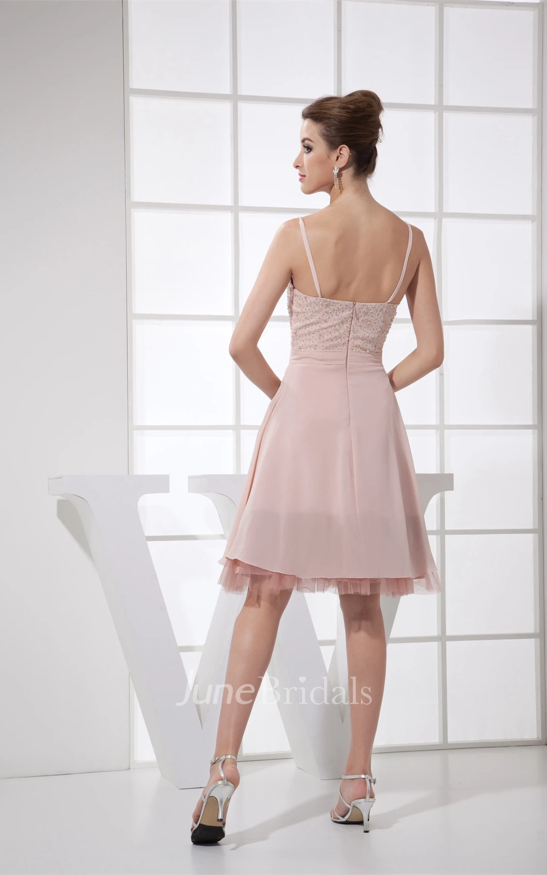 Spaghetti-Straps Knee-Length A-Line Chiffon Dress with Beadings and Zipper Back