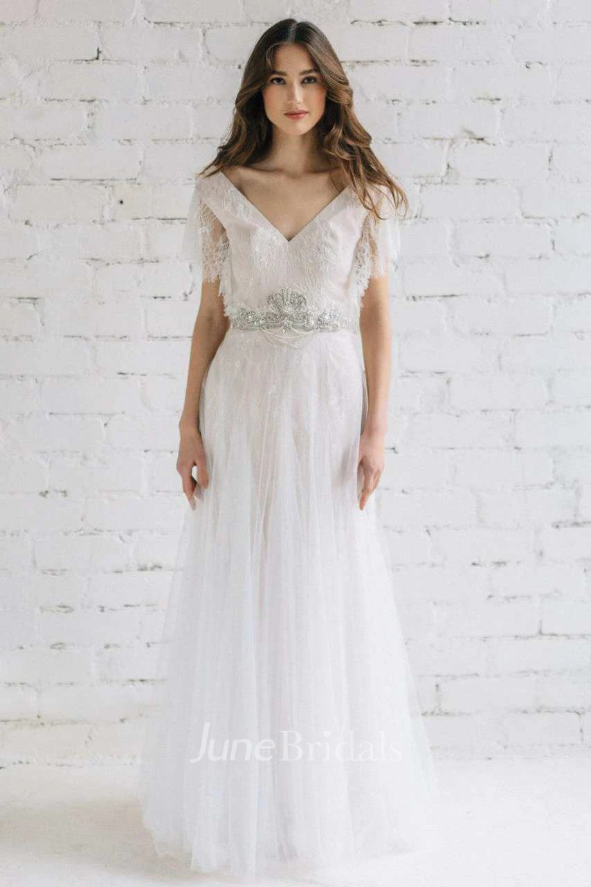 Plunged Poet-Sleeve Tulle Lace Wedding Dress With Beading
