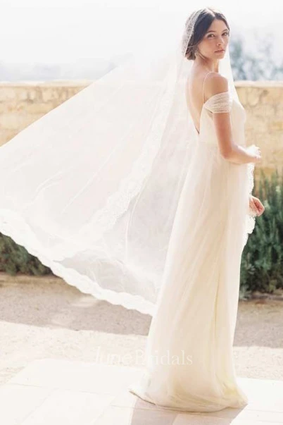 A-Line Jeweled Floor-Length Spaghetti Tulle Wedding Dress With Pleats