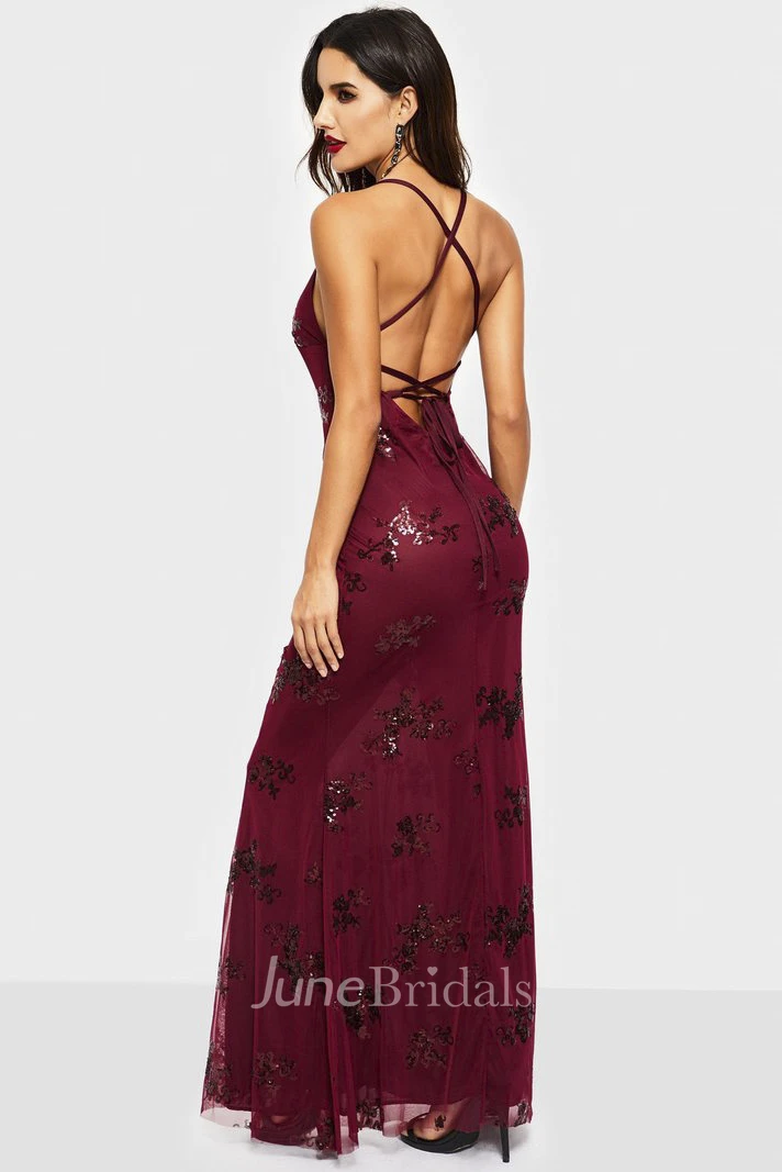 Sleeveless Sexy Sheath V-neck Tulle Gown With Straps And Sequin Appliques