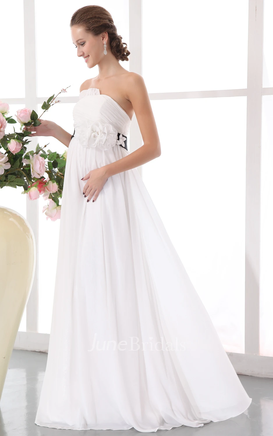 Chiffon Maternity Strapless Gown With Floral Waistband