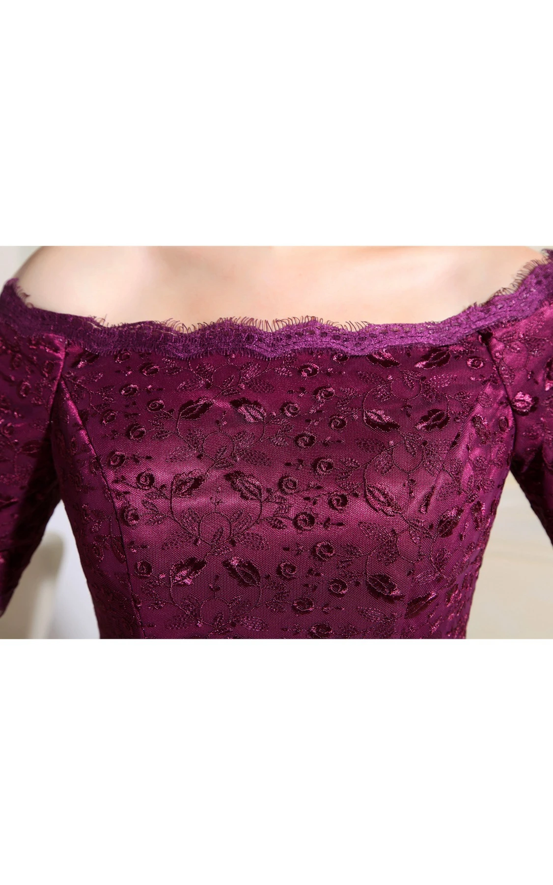 Off-The-Shoulder Short-Sleeve Satin Sheath Gown with Appliqued Top