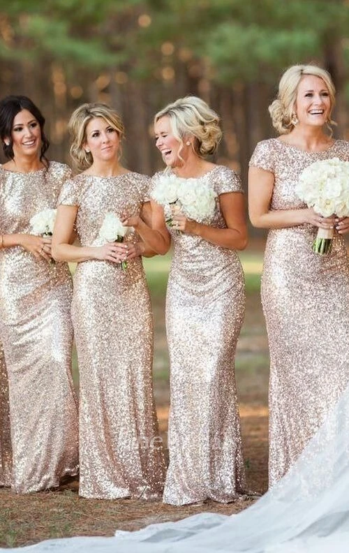 Glamorous Bateau Cap Sleeve Bridesmaid Dress With Sequins