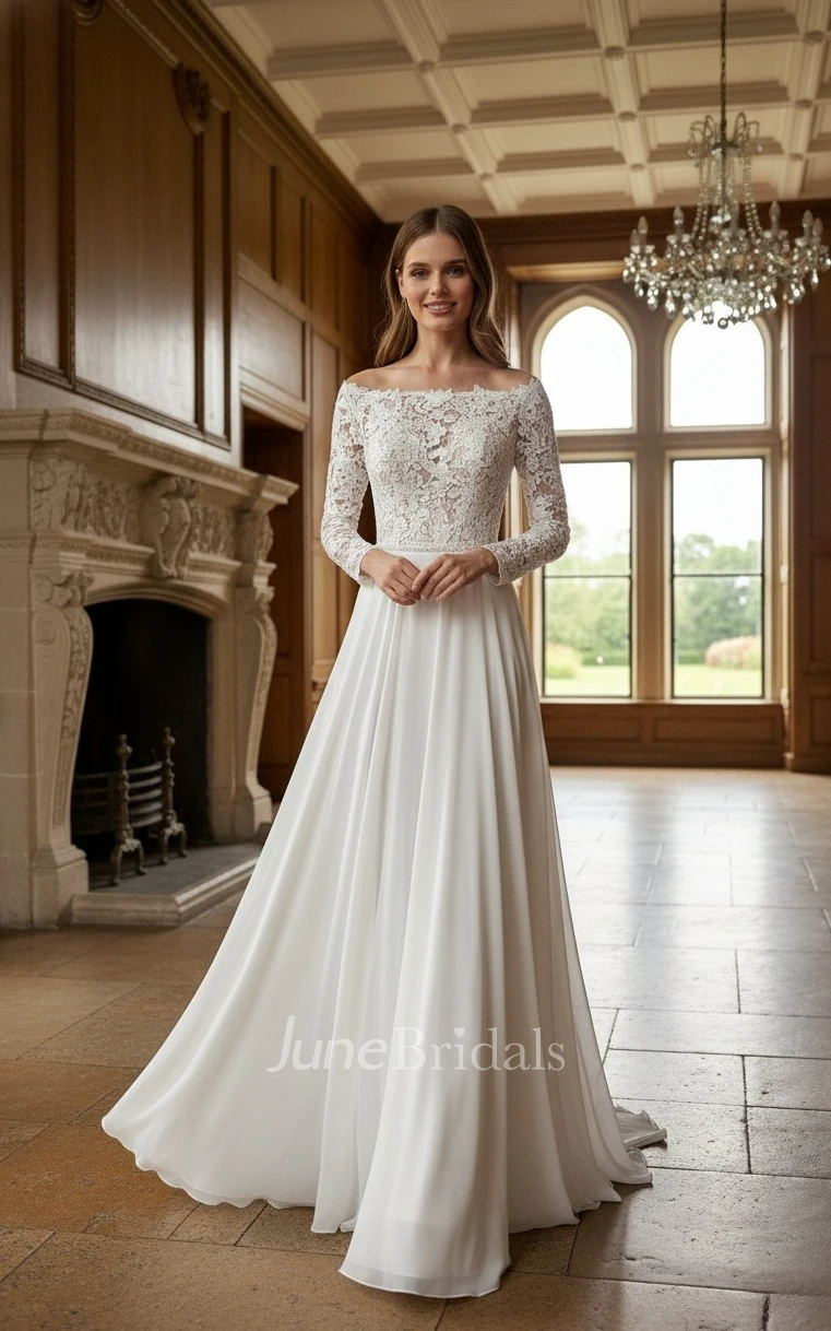 Boho Vintage A-Line Lace Off-the-shoulder Spring Wedding Dress Mature Beach Long Sleeve Chapel Train Bridal Gown