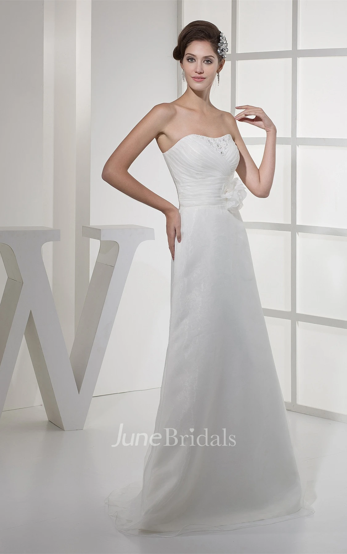 Strapless Criss-Cross A-Line Gown with Flower and Beading