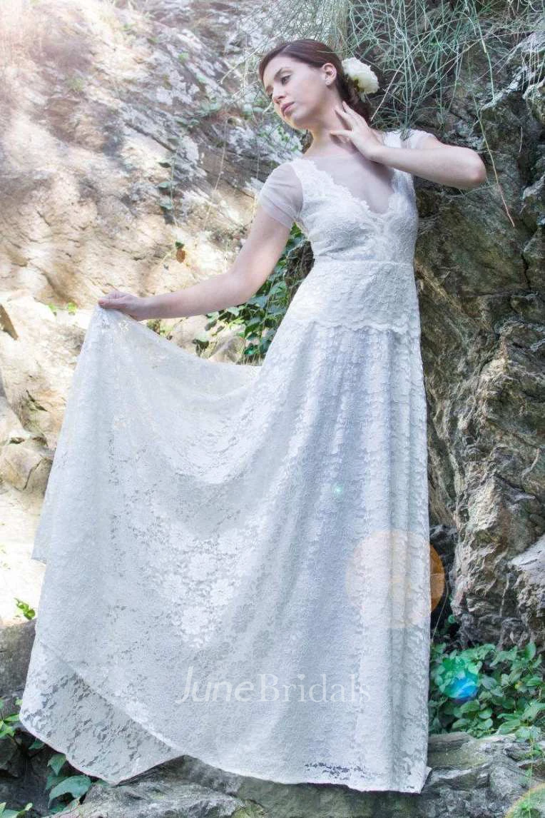 Boho Illusion V-Neck Lace Floor-Length Wedding Dress With Sweep Train
