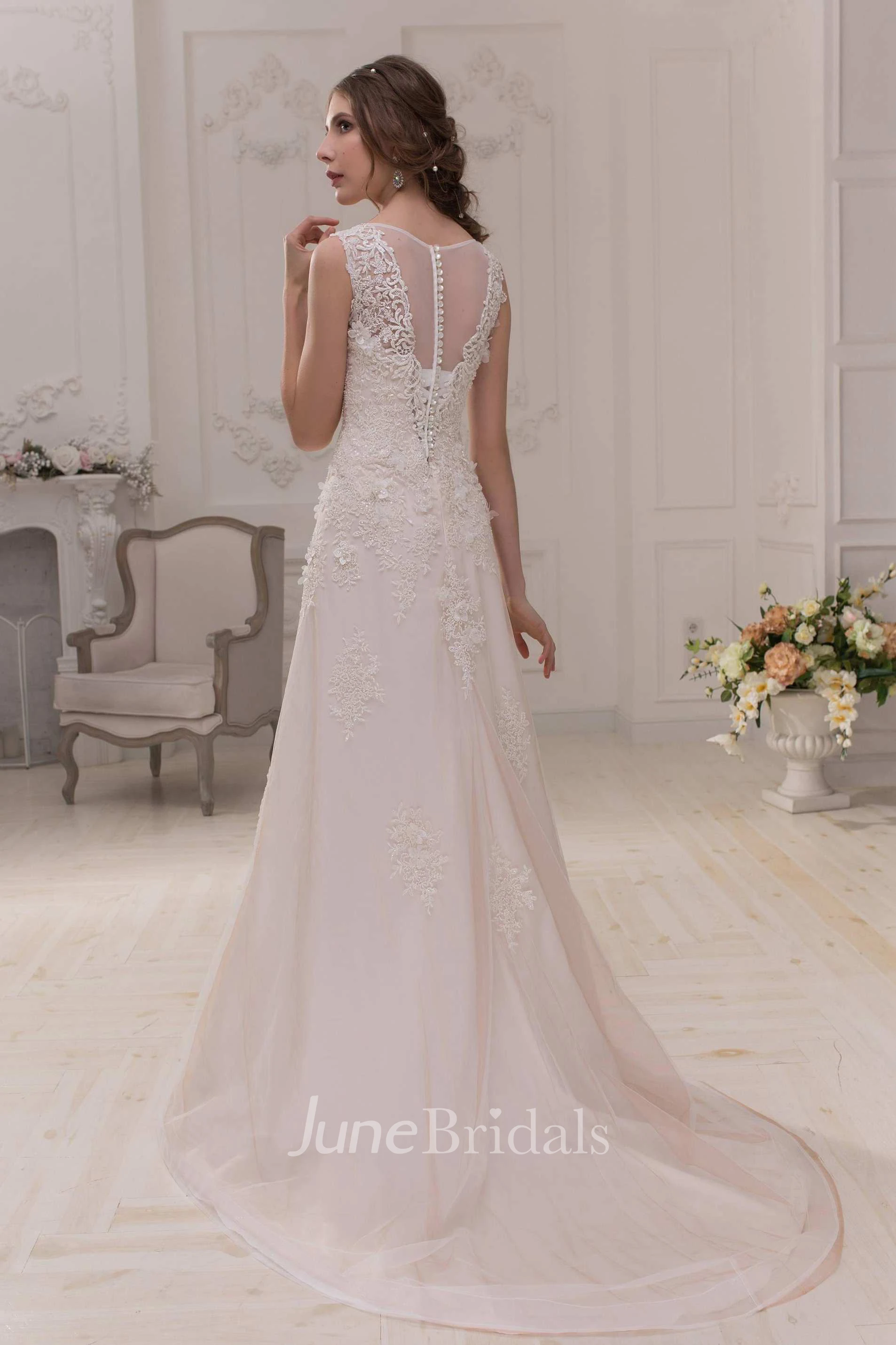 Plunged Sleeveless A-Line Satin Lace Wedding Dress With Appliques