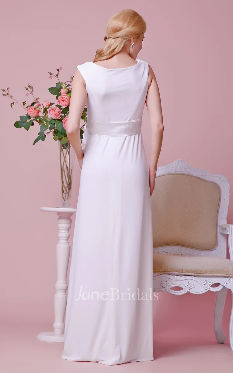Draped Scoop Neckline A-line Chiffon Maternity Wedding Dress With Cap Sleeves