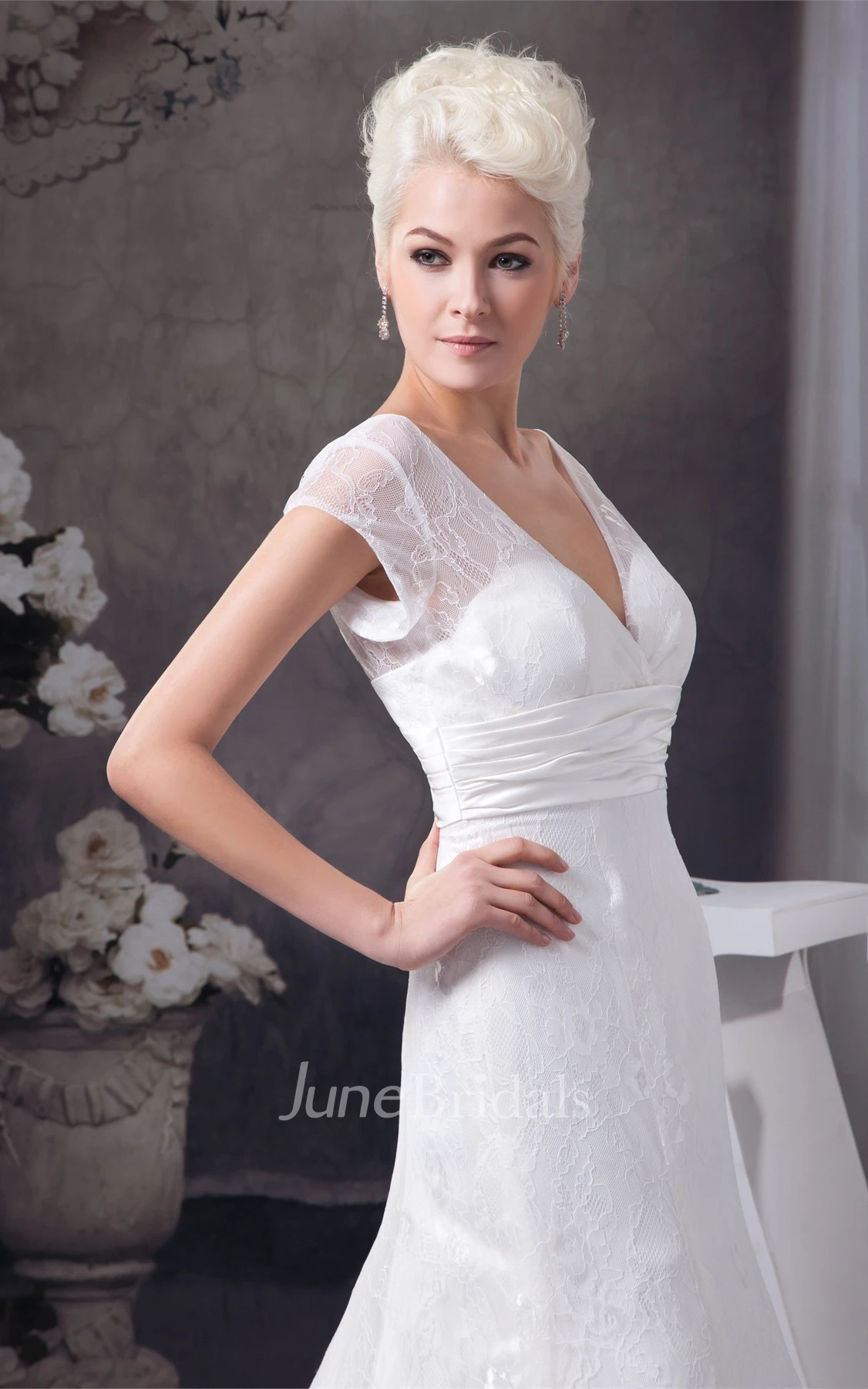 Plunged Caped-Sleeve A-Line Gown with Appliques and Ruched Waist