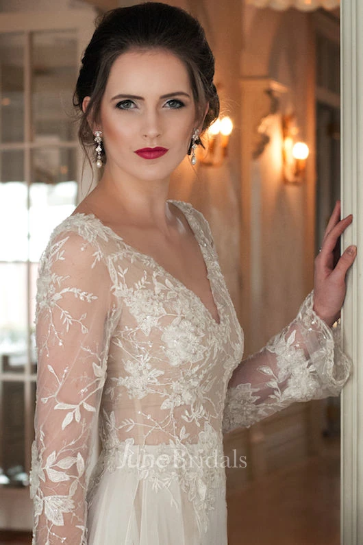 Sheath V-Neck Illusion-Sleeve Chiffon Wedding Dress