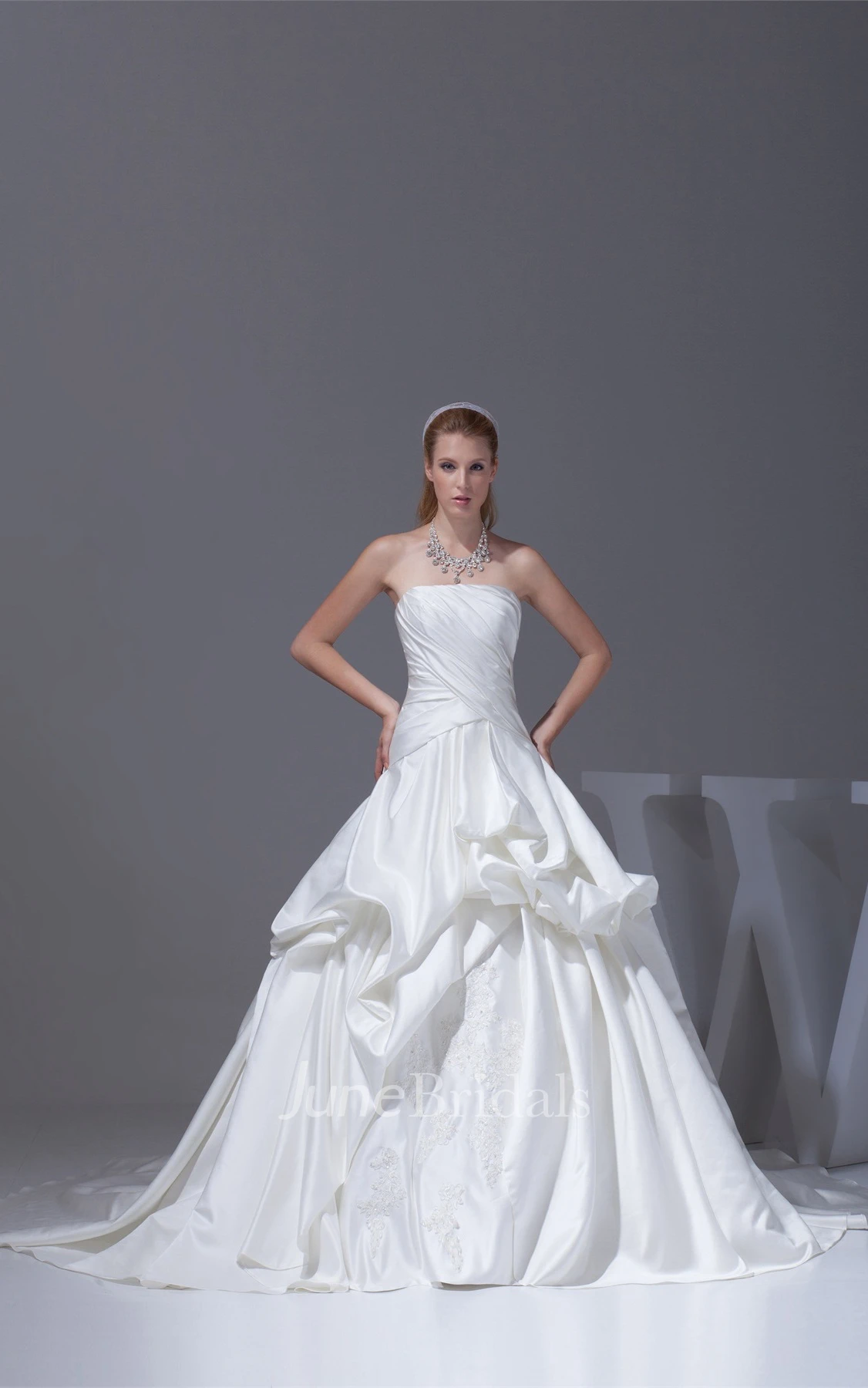 Ruched Criss-Cross Strapless Bodice Gown with Ruffles and Embellishment