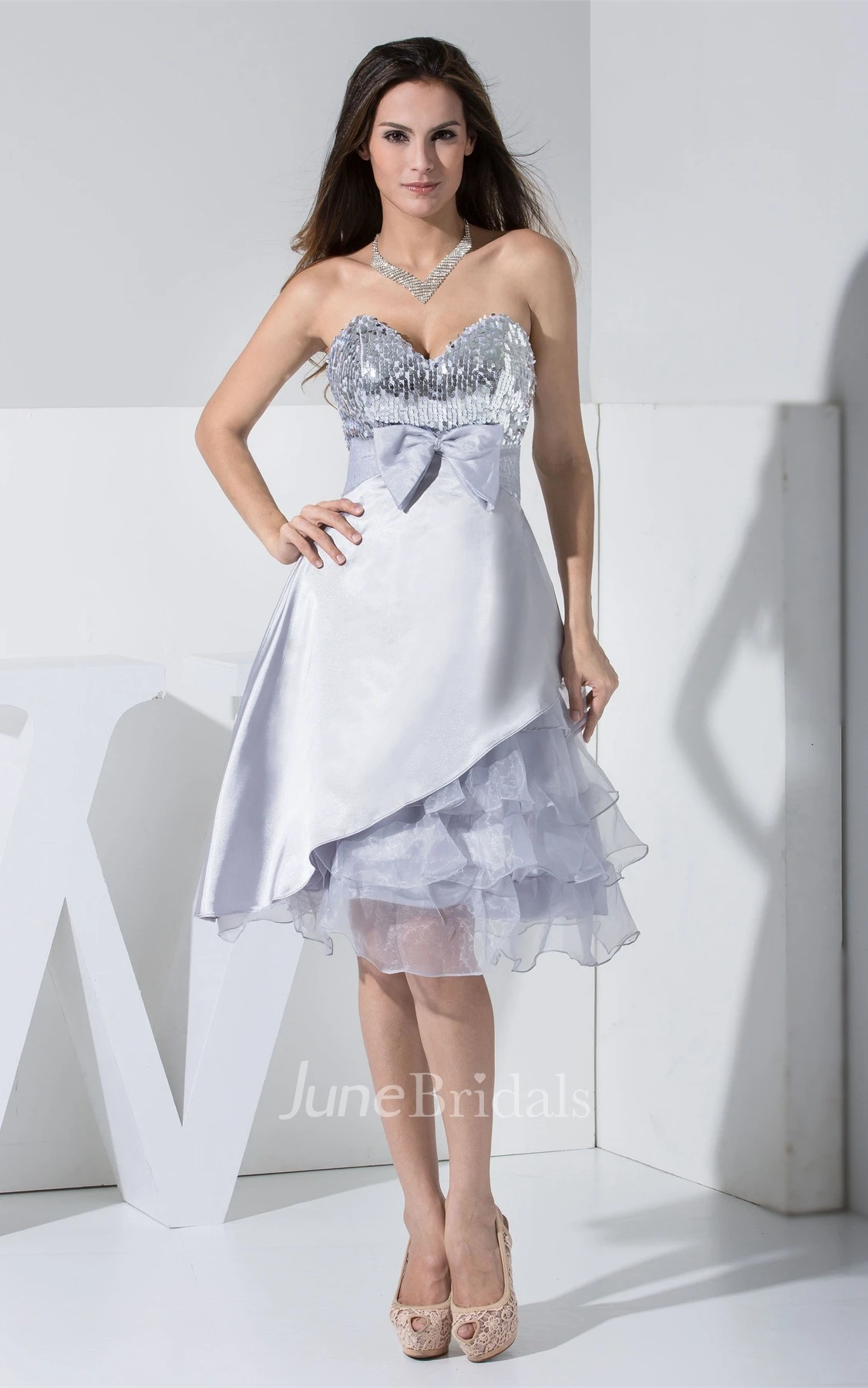 Unique Sequined Sweetheart Knee Dress with Bowed Sash and Tiered Ruffle