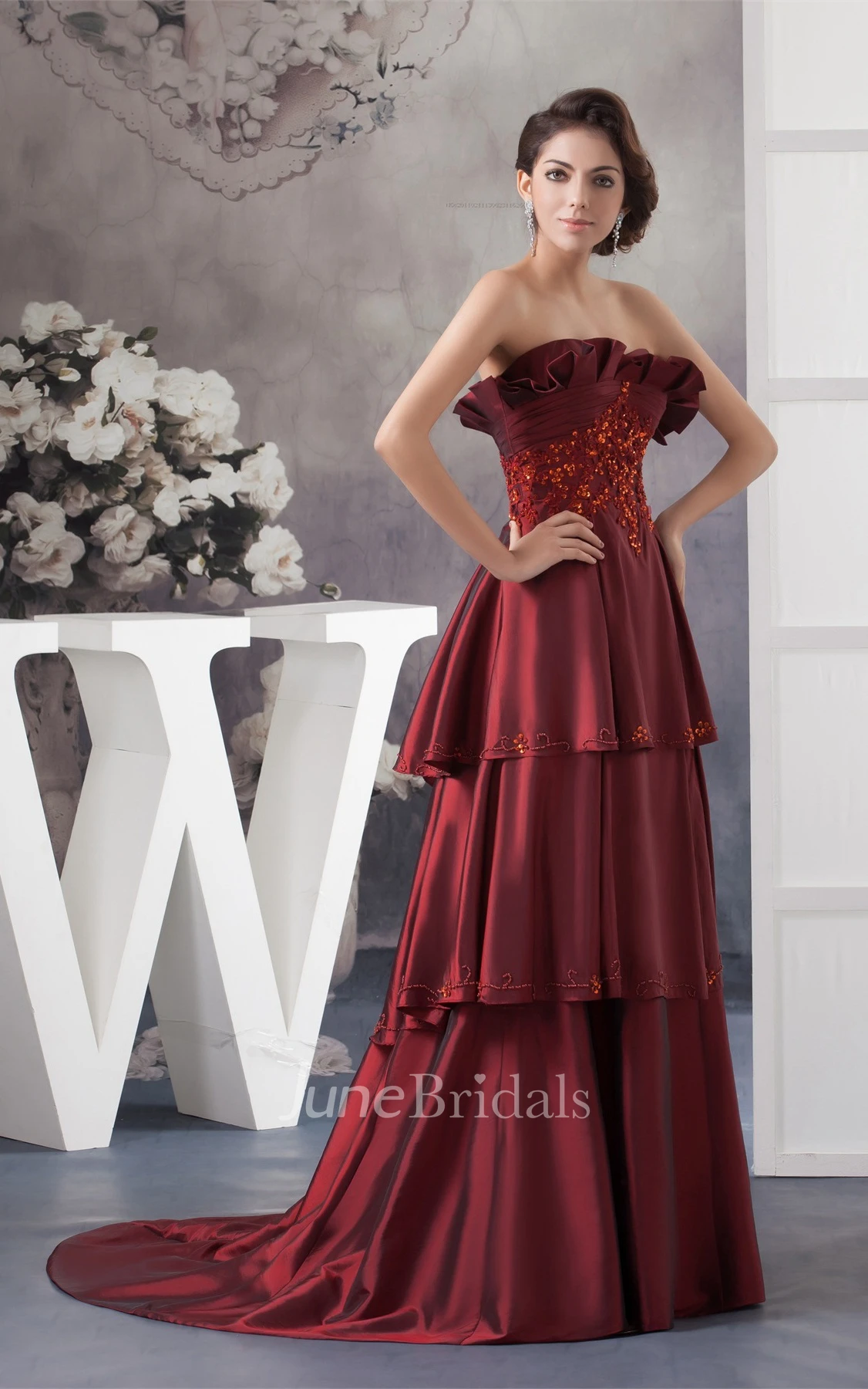 Strapless Tiered A-Line Gown with Beading and Appliques