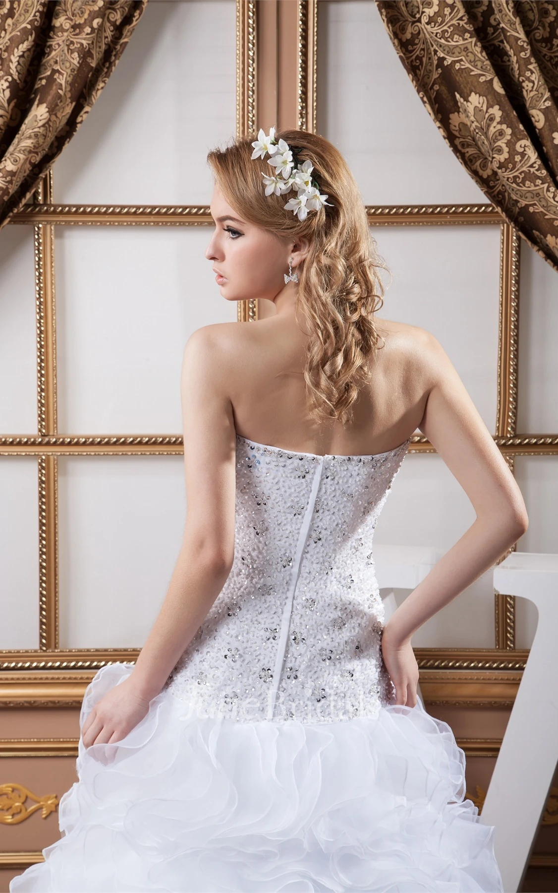 Deep-V-Neck Ruffled A-Line Dress with Crystal Detailing