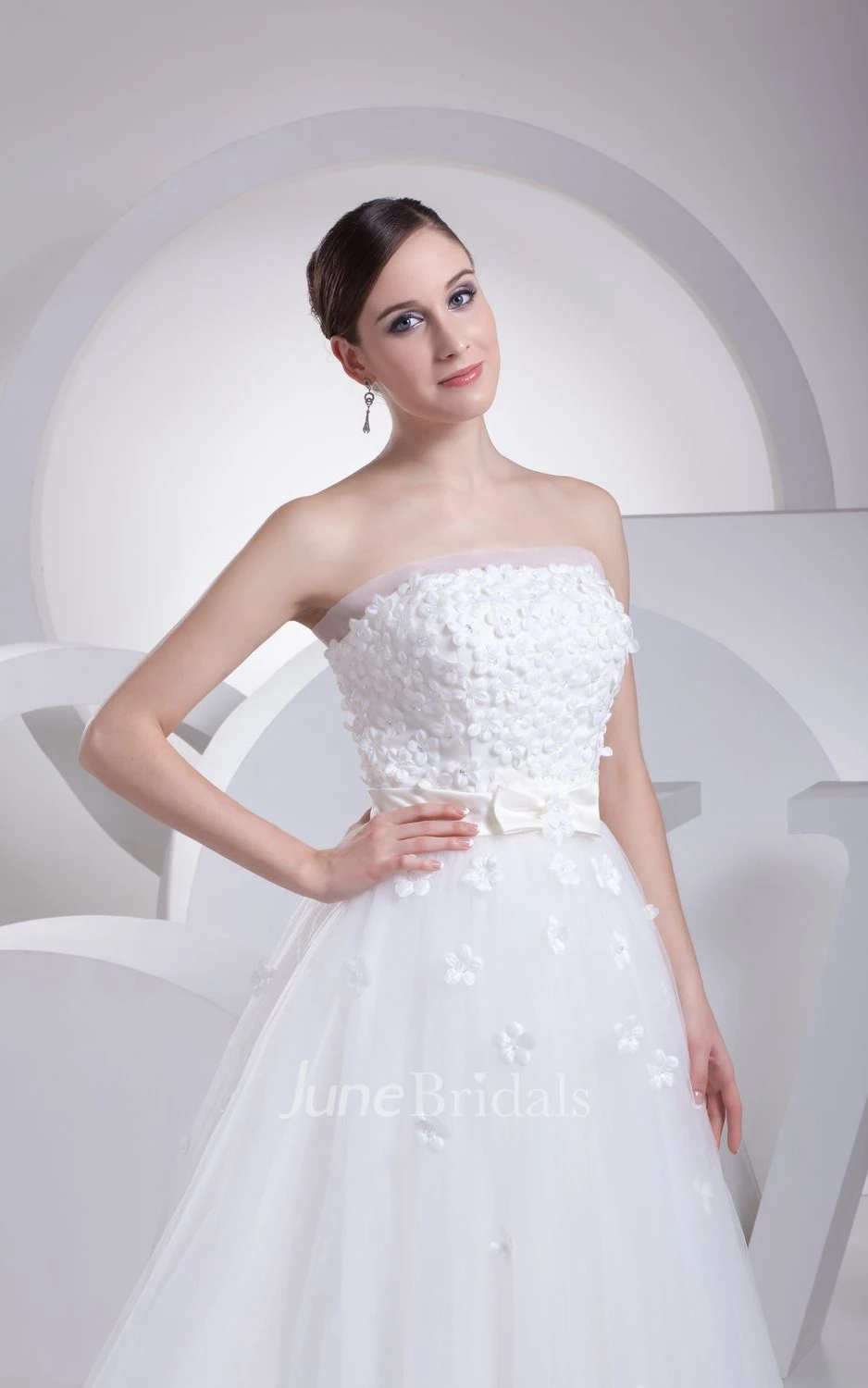 Strapless Tulle A-Line Dress With Ribbon and Flower