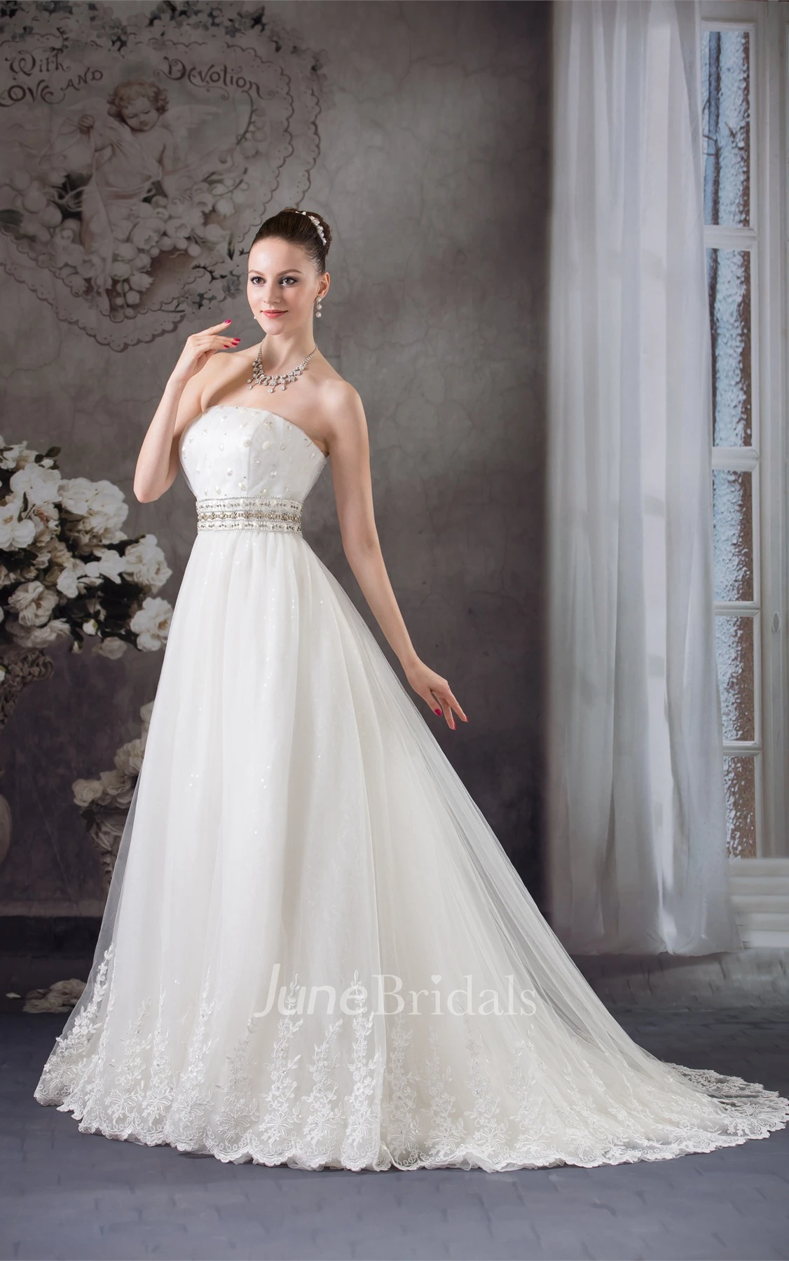 Strapless Tulle Jeweled Gown with Appliques and Corset Back