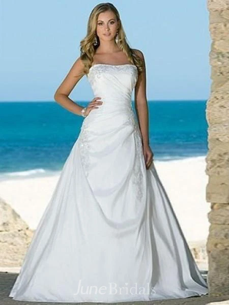 A-line Strapless Chapel Train Sleeveless Taffeta Beach Wedding Dresses for Brides