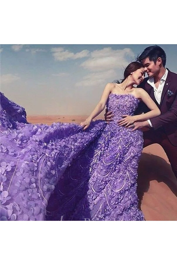 Glamorous Purple Off-the-shoulder Wedding Dress Long Train Flowers