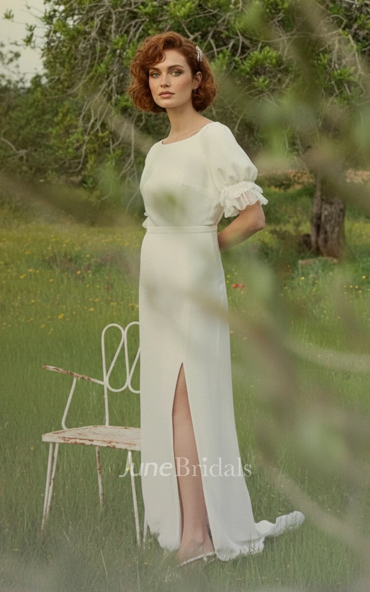 Casual Minimalist Puff Sleeve Sheath Wedding Dress Modern Satin Open Back Slit Bridal Gown