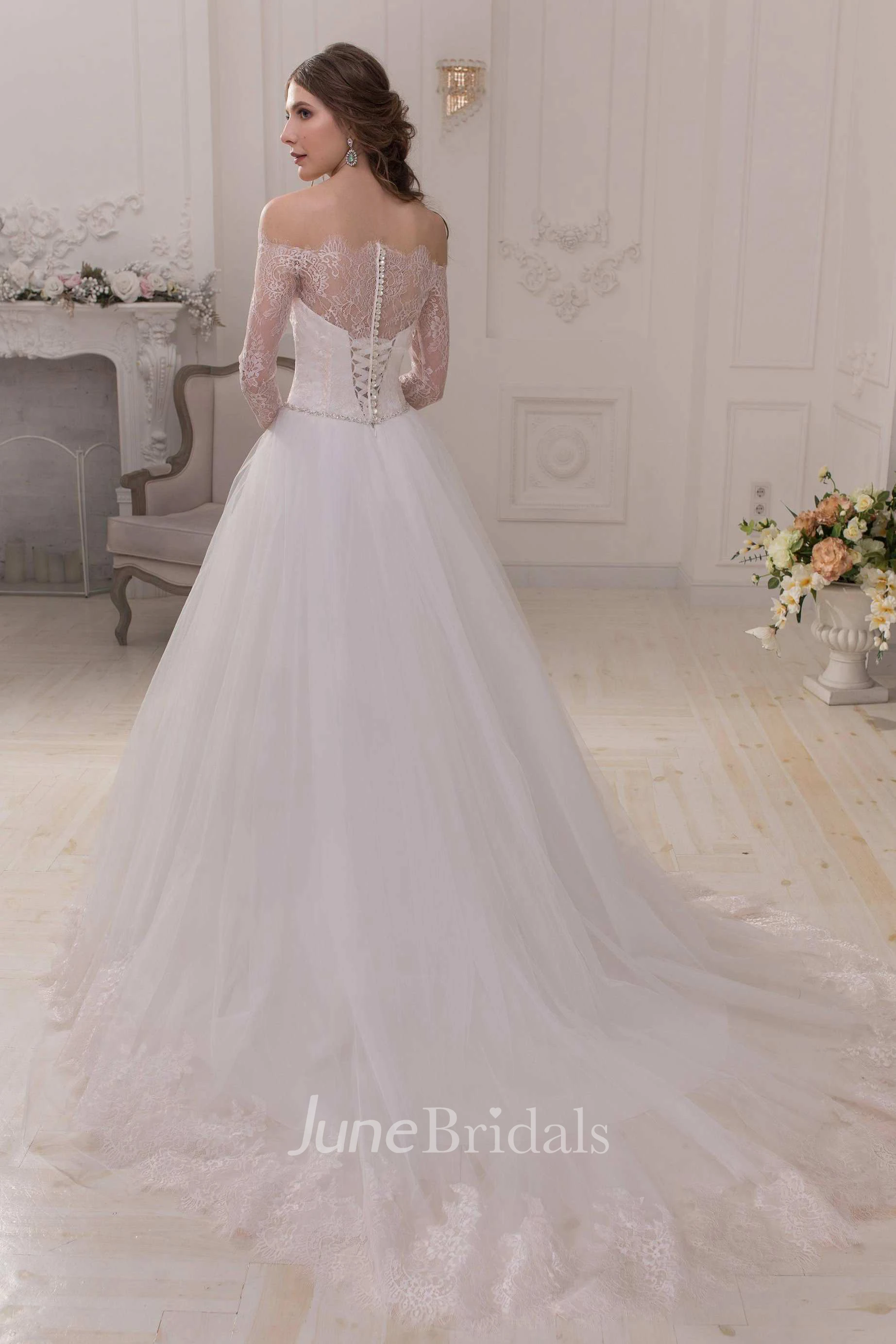Off-The-Shoulder Lace Illusion Long Sleeve A-Line Tulle Wedding Dress With Beaded Waist