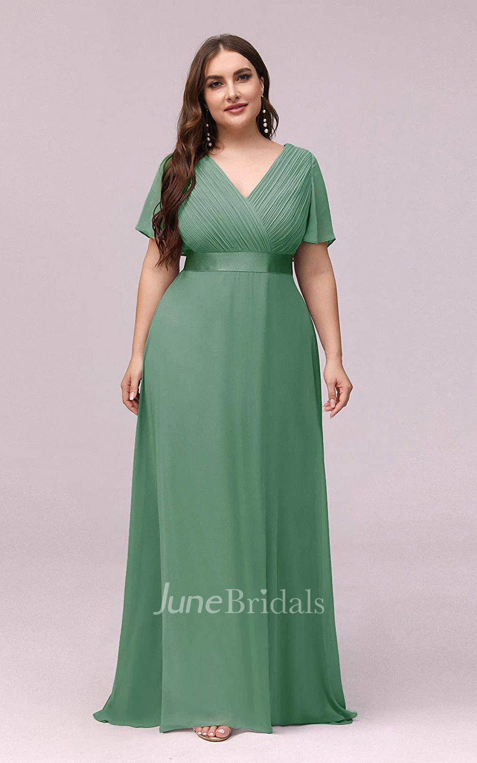 A Line V-neck Chiffon Half Sleeve Prom Dress With Criss Cross and Ruching