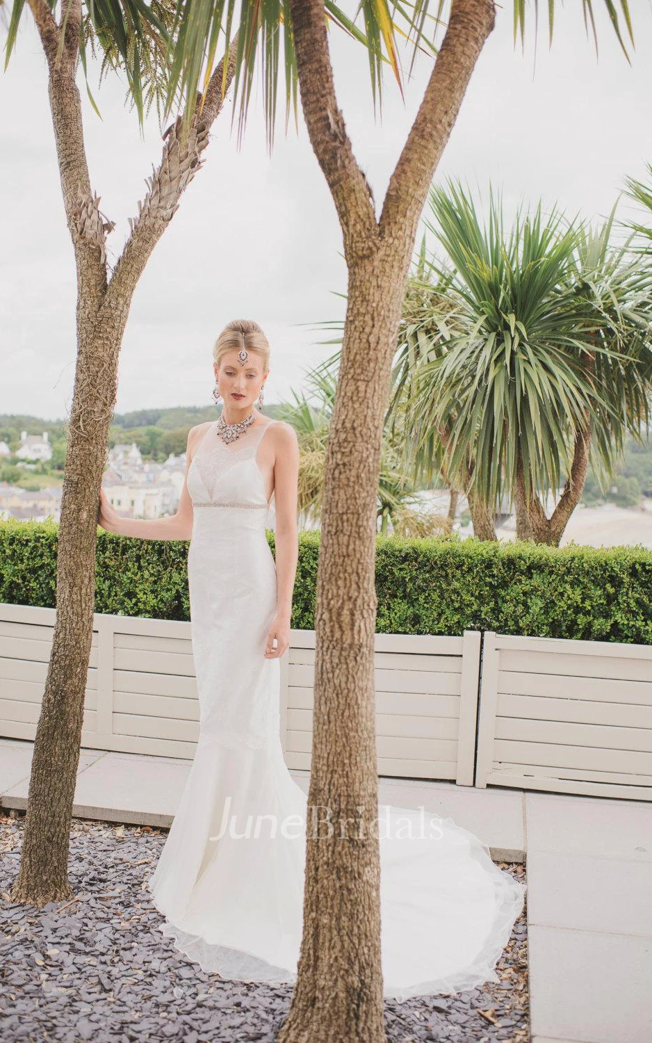 High Neck Sleeveless Lace Sheath Dress With Waist Jewellery