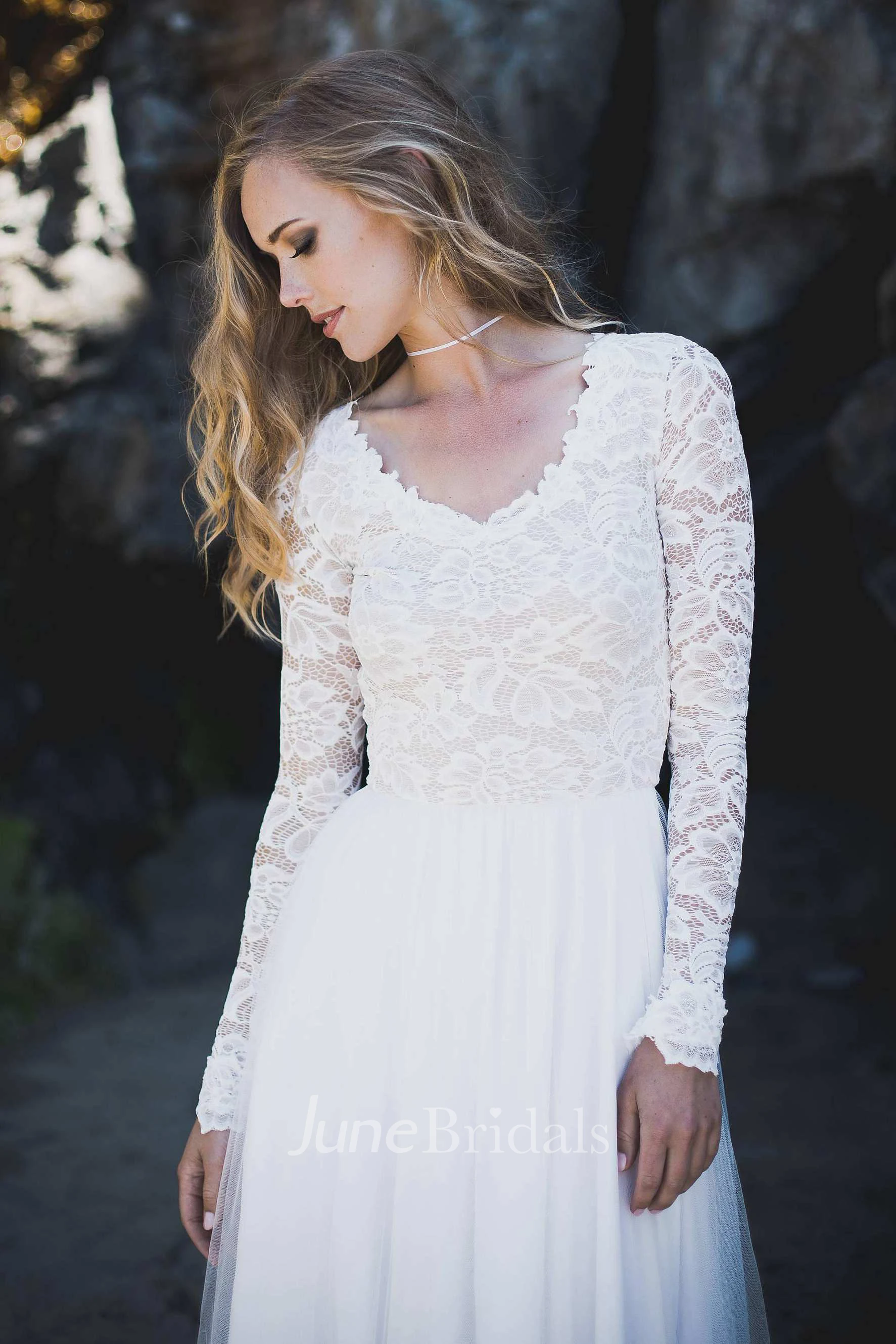 Long Sleeve Chiffon Tulle Lace Wedding Dress