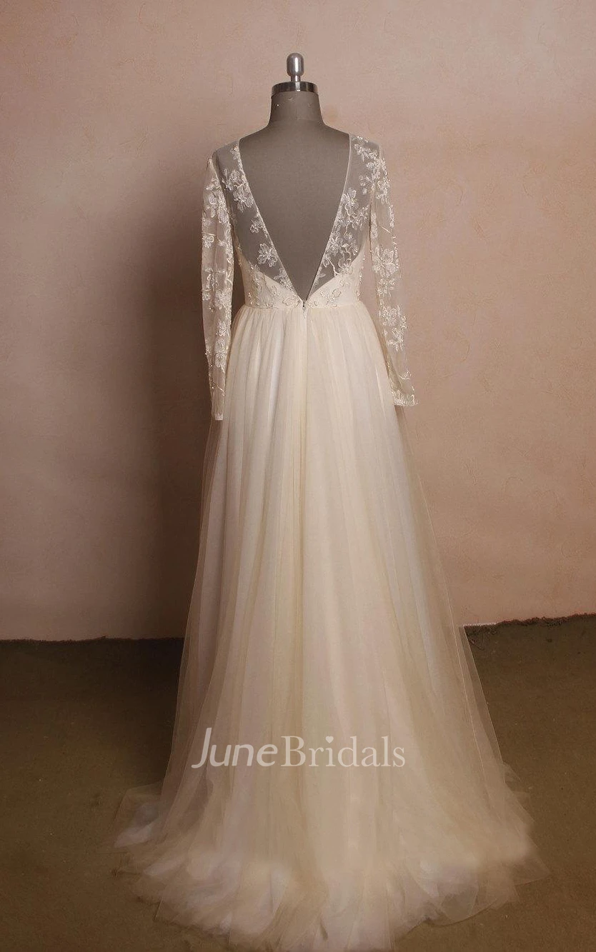 Jewel Neck Long Sleeve A-line Tulle Wedding Dress With Lace Bodice