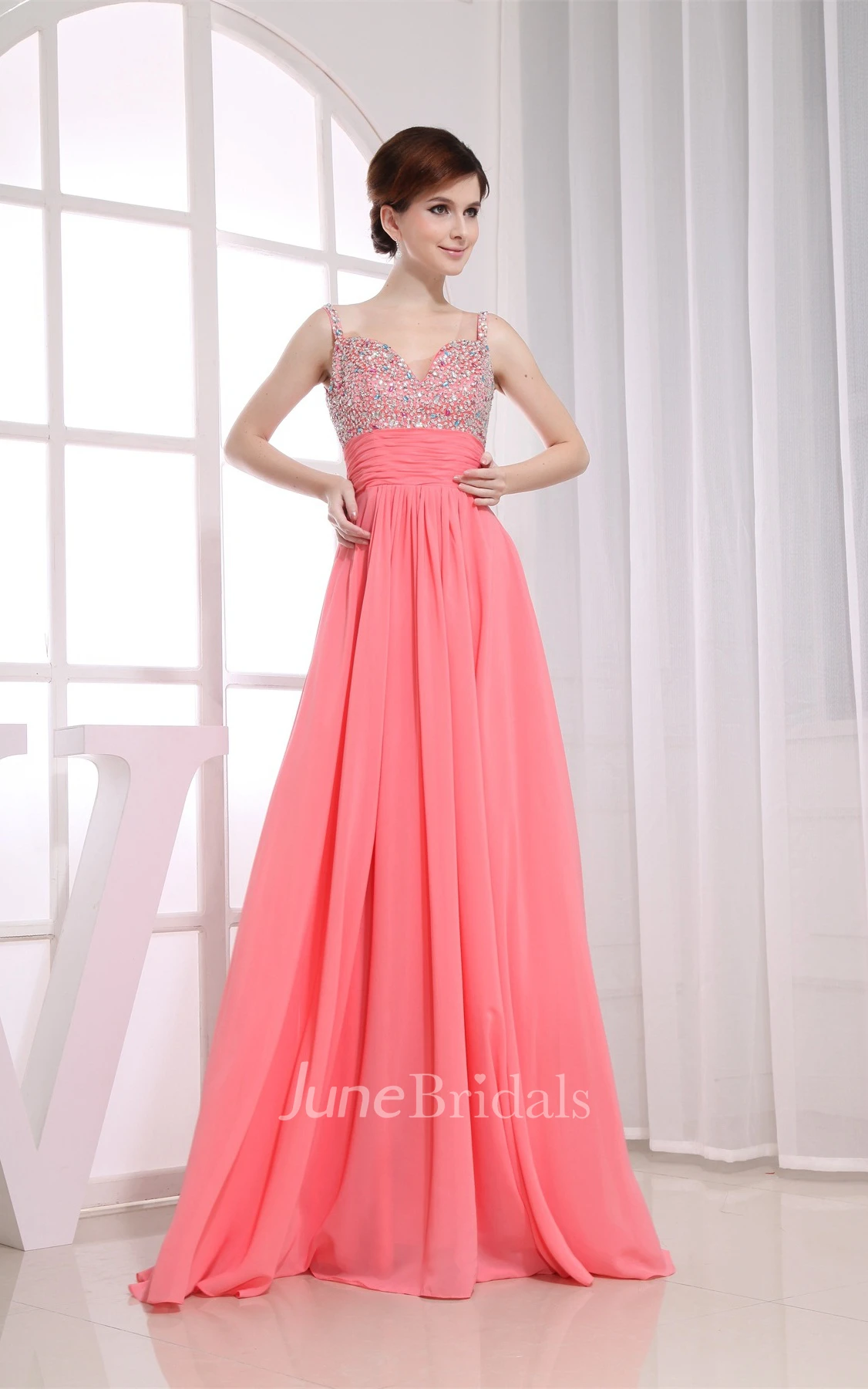 Spaghetti-Strap Chiffon Maxi Dress with Pleats and Rhinestone