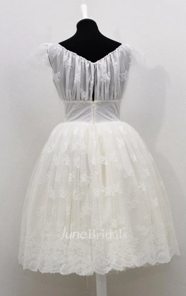 Jewel Empire Knee-Length Lace Wedding Dress With Ruching And Cap Sleeve