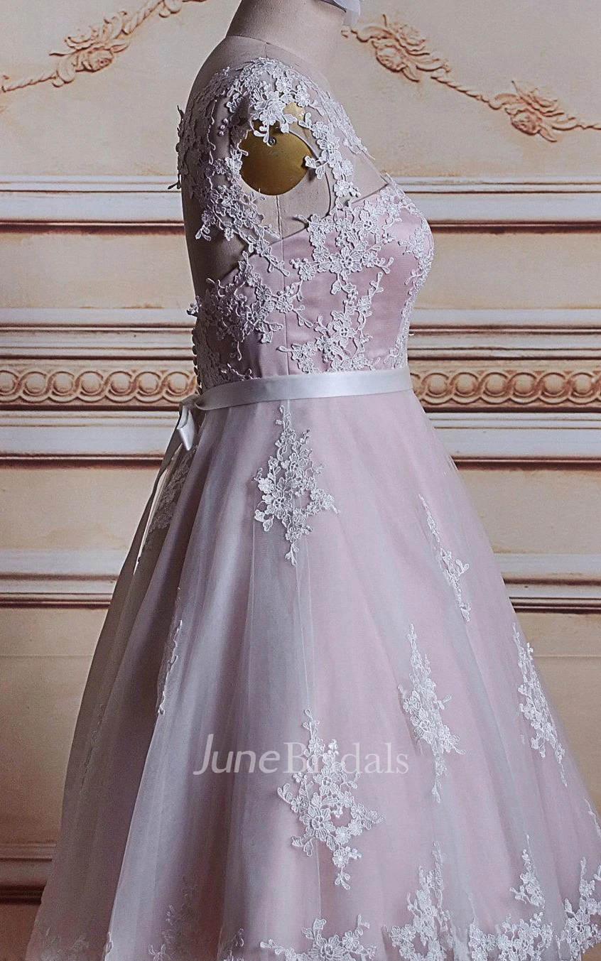 A-Line Tea-Length Cap Sleeve Tulle Lace Satin Dress With Keyhole Back