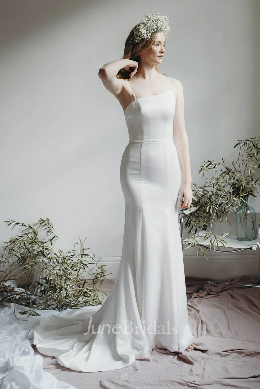 Open Back Simple Asymmetrical Mermaid Bridal Gown With Spaghetti Straps