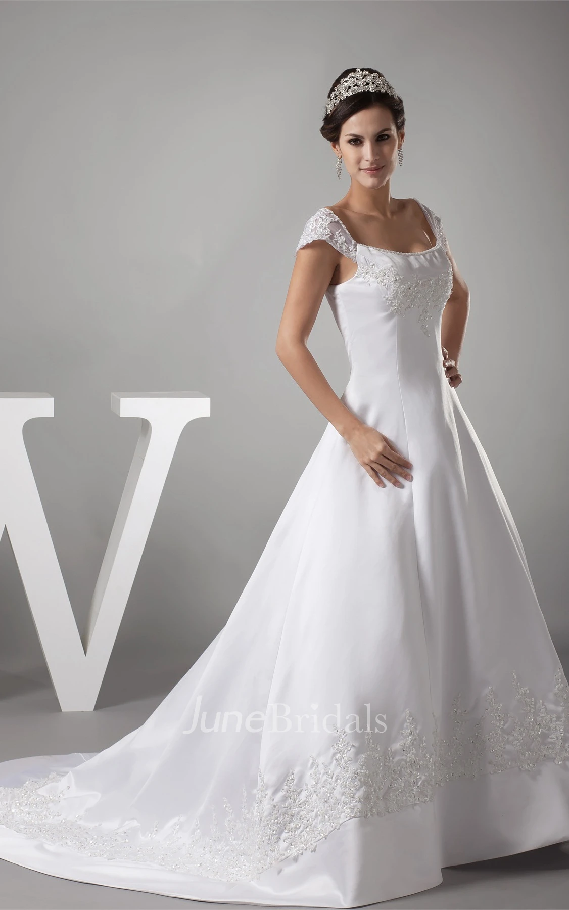 Caped-Sleeve Satin A-Line Gown with Appliques