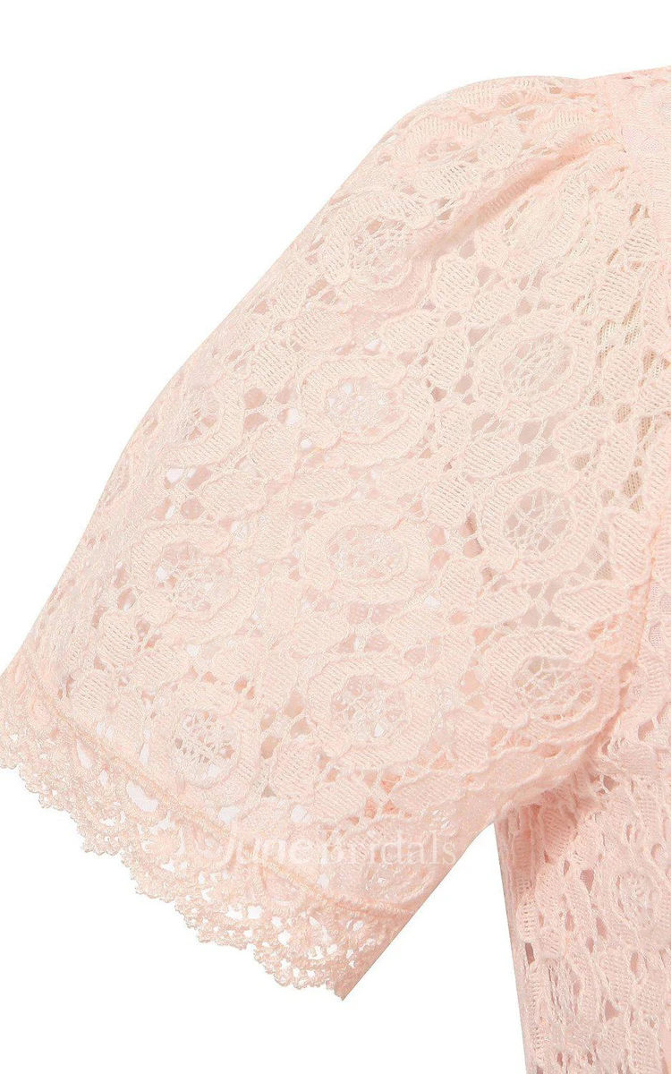 Short-sleeved A-line Lace Dress With Flower and Pleats