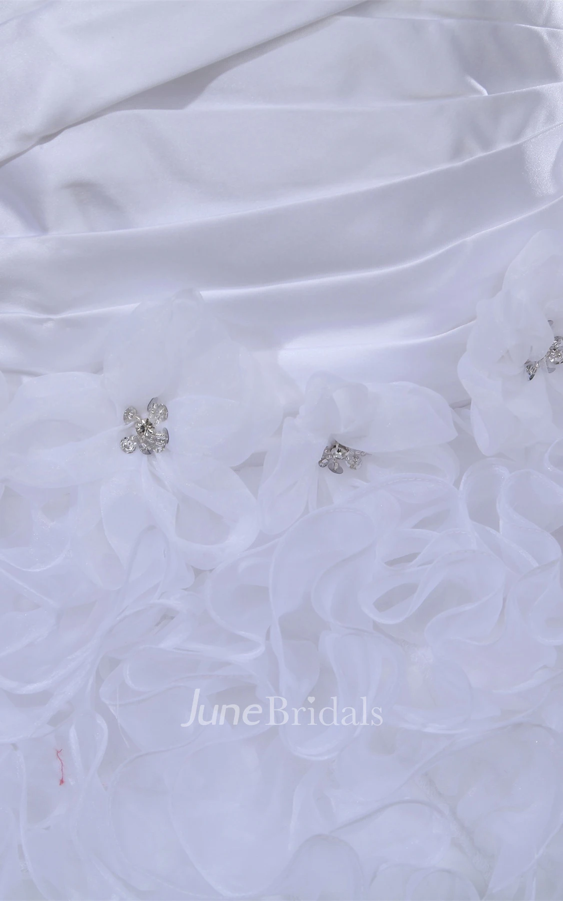 Sleeveless Ruched Ball Gown with Ruffles and Floral Strap