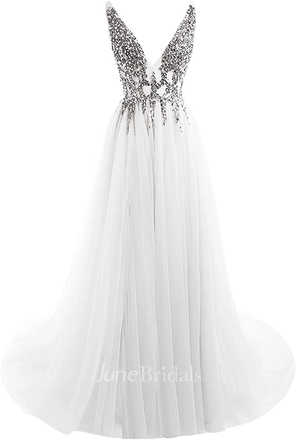 Romantic A Line V-neck Tulle Sleeveless Prom Dress