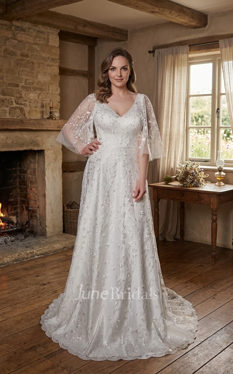 Floral Lace A-Line Wedding Dress with Flutter Sleeves Plus Size V-neck Gown for Big Bust Brides