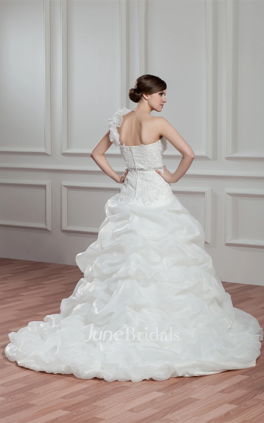 One-Shoulder Pick-Up Ball Gown with Appliques and Gemmed Waist