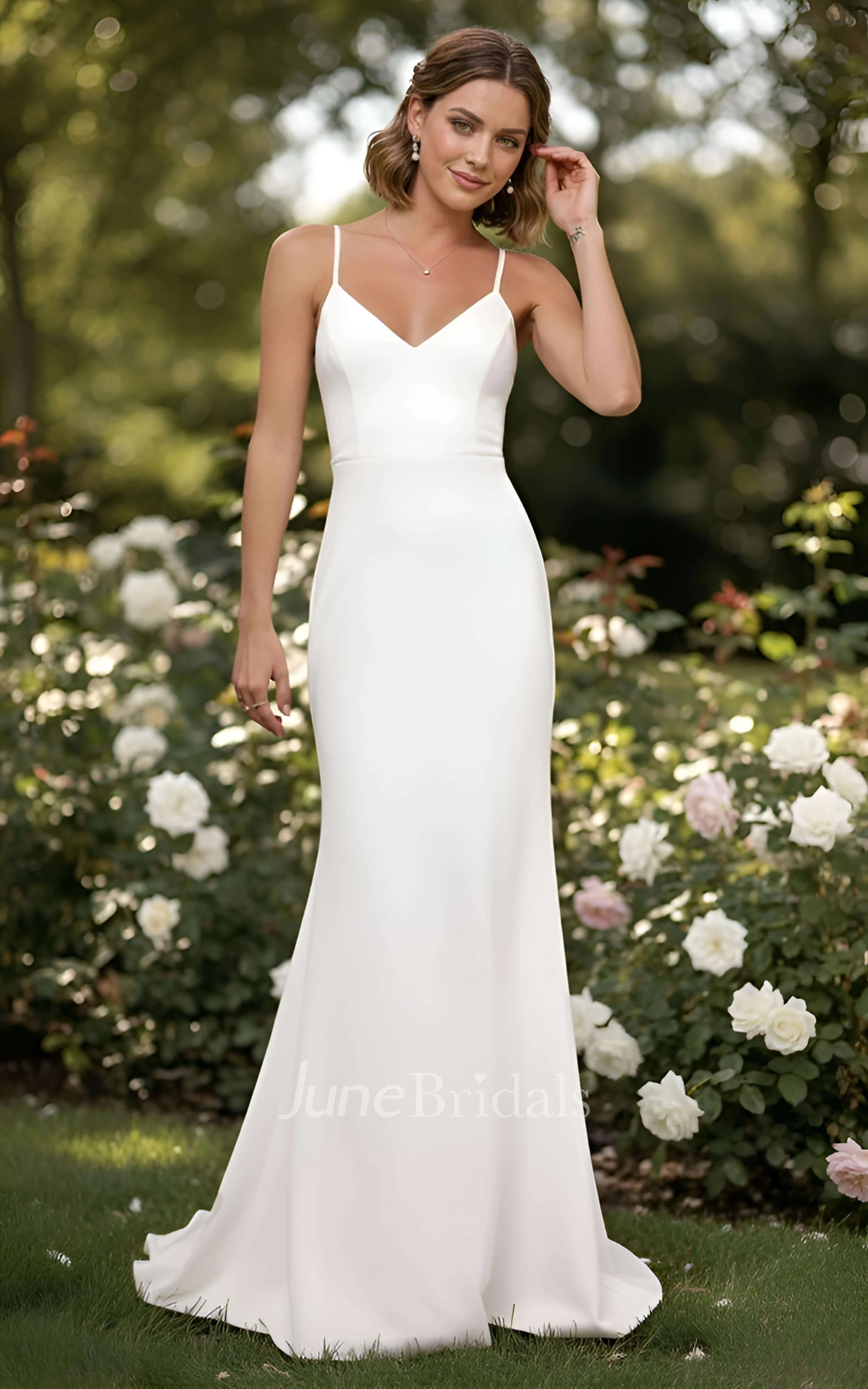 Modern Mermaid Spaghetti V-Neck Wedding Dress Simple Satin Garden Sweep Train Bridal Gown