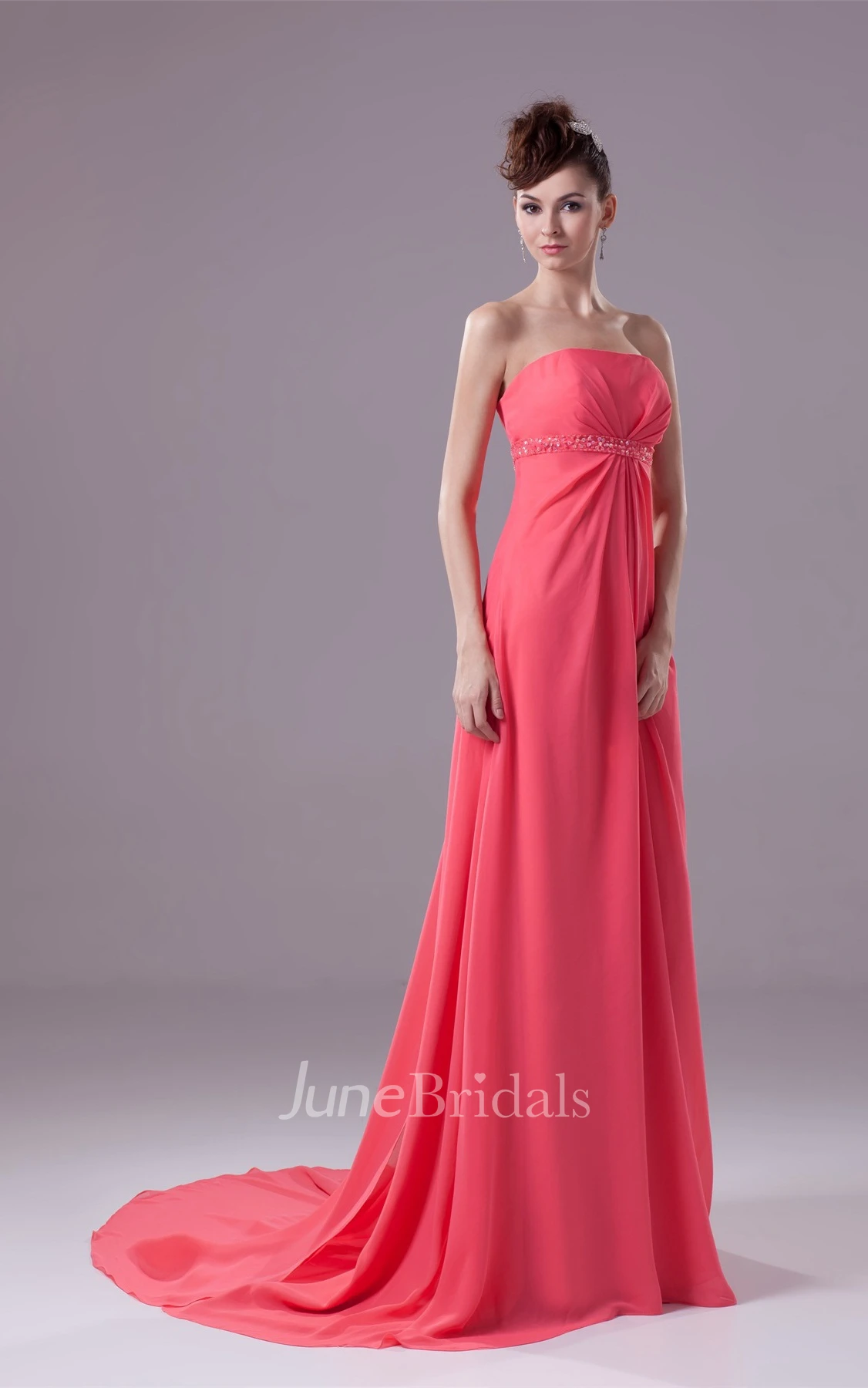 Strapless Central-Ruched Chiffon Maxi Dress with Beading and Empire Waist