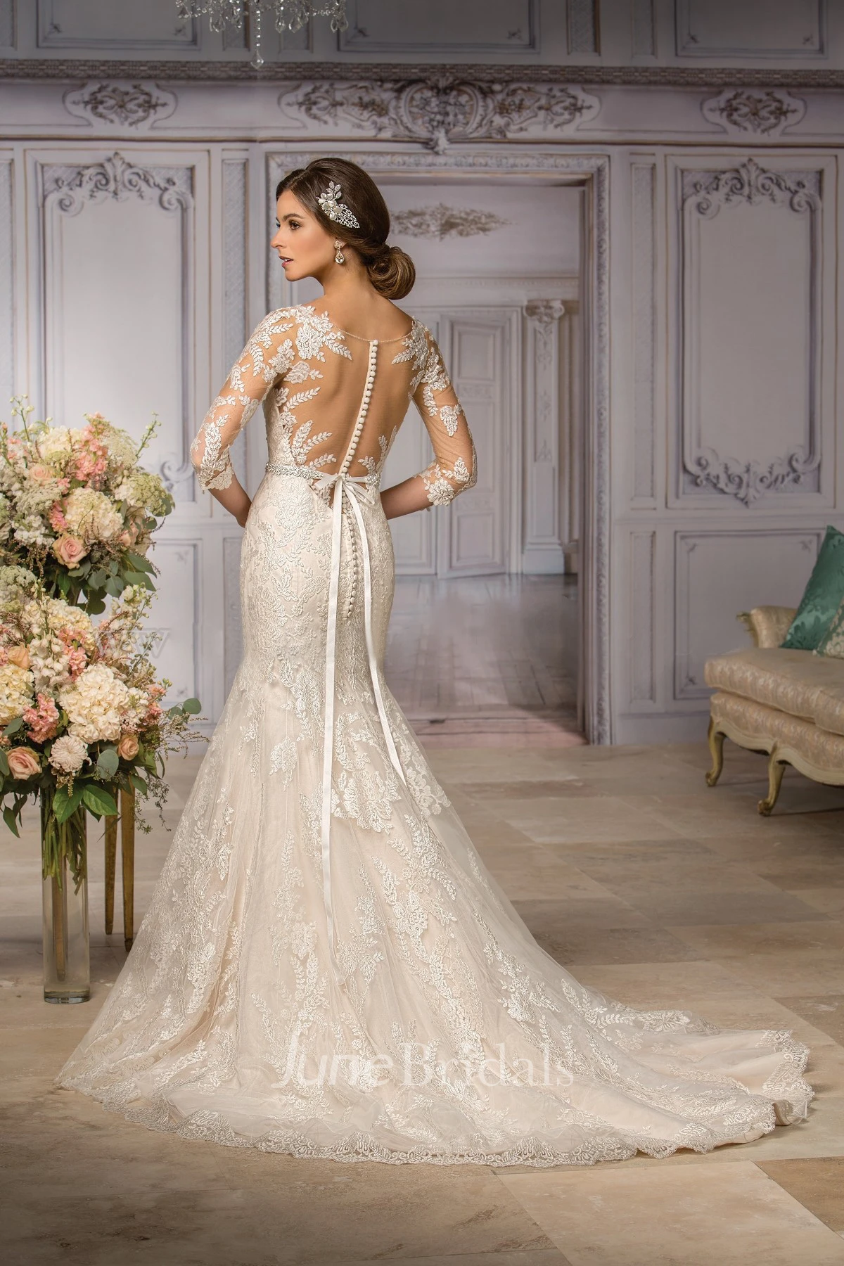 3-4 Sleeved V-Neck Mermaid Spring Wedding Dress With Appliques And Bow